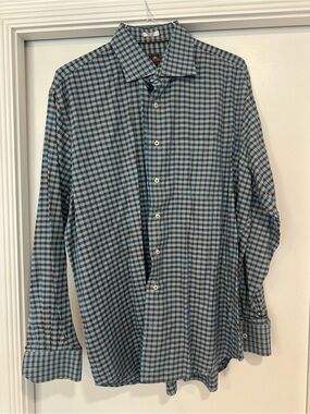 Peter Millar XL Men's Blue and Brown Check Dress Shirt